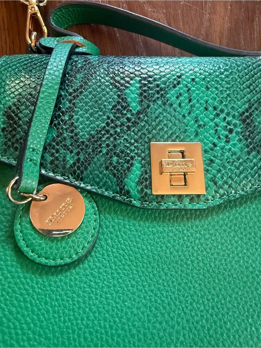 Dune London Green Top-Handle Satchel Bag with Snake-Print Detail